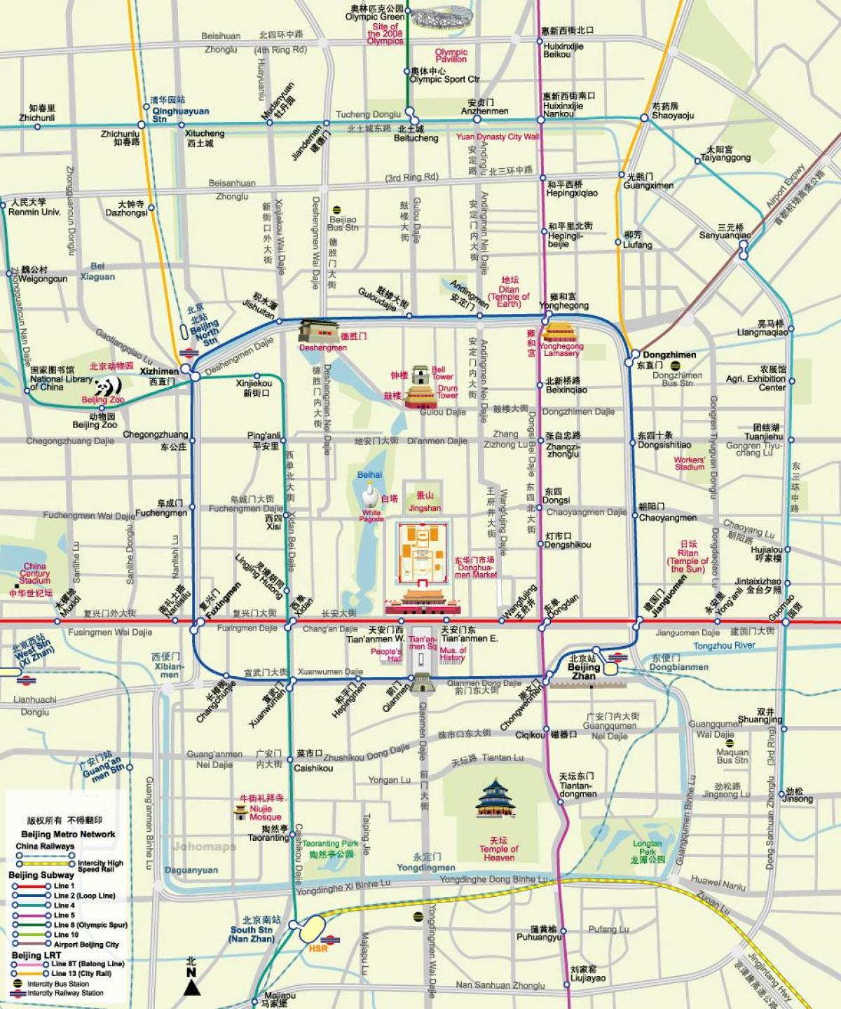 지도 베이징의 지하철 노선도와 함께 관광 명소